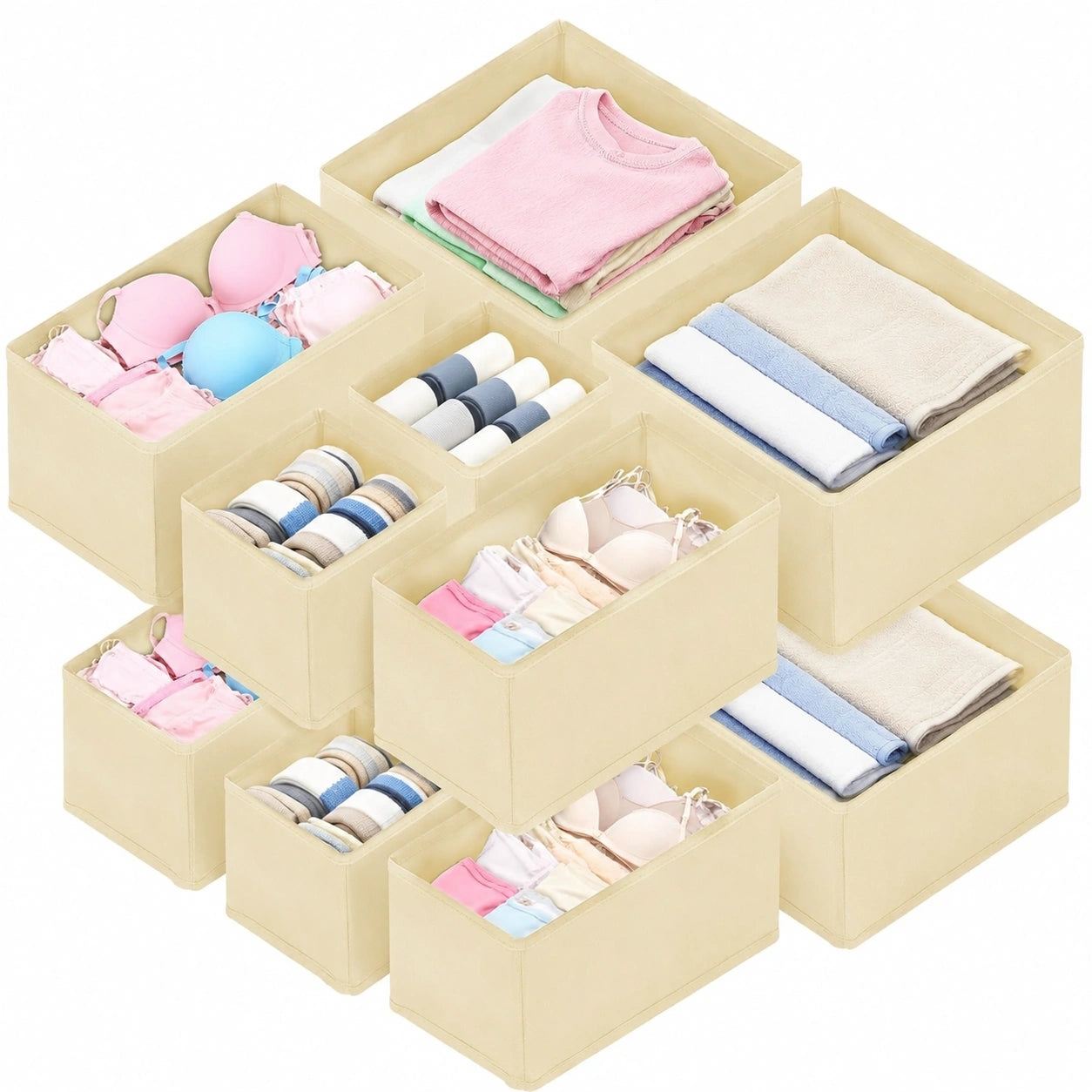 Schubladen-Organizer Set 12-teilig, faltbare Stoffboxen für Kleiderschrank & Wickeltisch, ideal für Unterwäsche und Socken (Beige)
