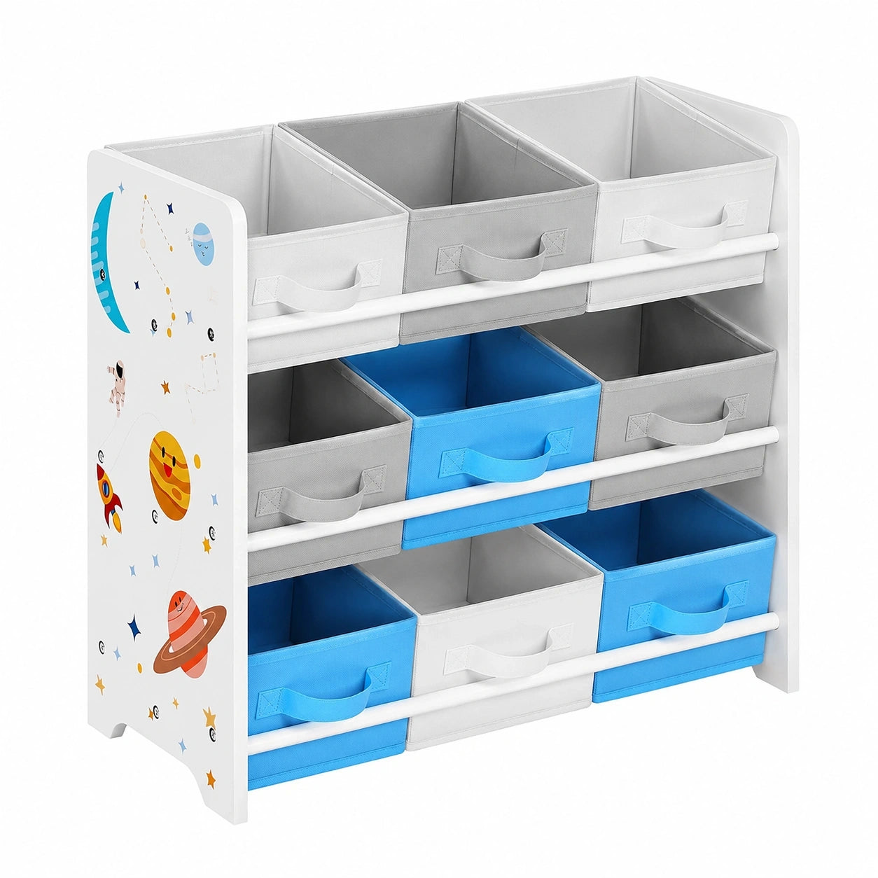 SONGMICS Spielzeugregal mit 9 Fleece-Boxen, Bücherregal für Kinder mit Weltall-Motiven, ideal für Kinderzimmer und Kindergarten, 62,5 x 29,5 x 60 cm, weiß