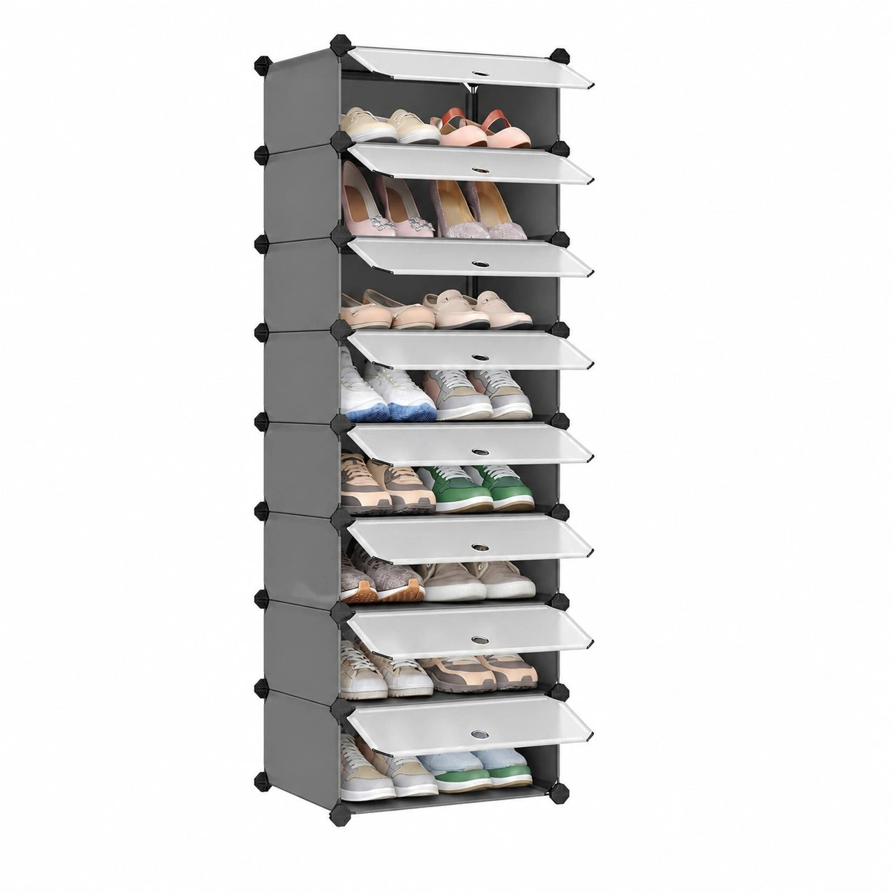 Modulares Schuhregal mit Türen, 10 Ebenen, DIY-Aufbewahrungssystem aus Kunststoff, grau