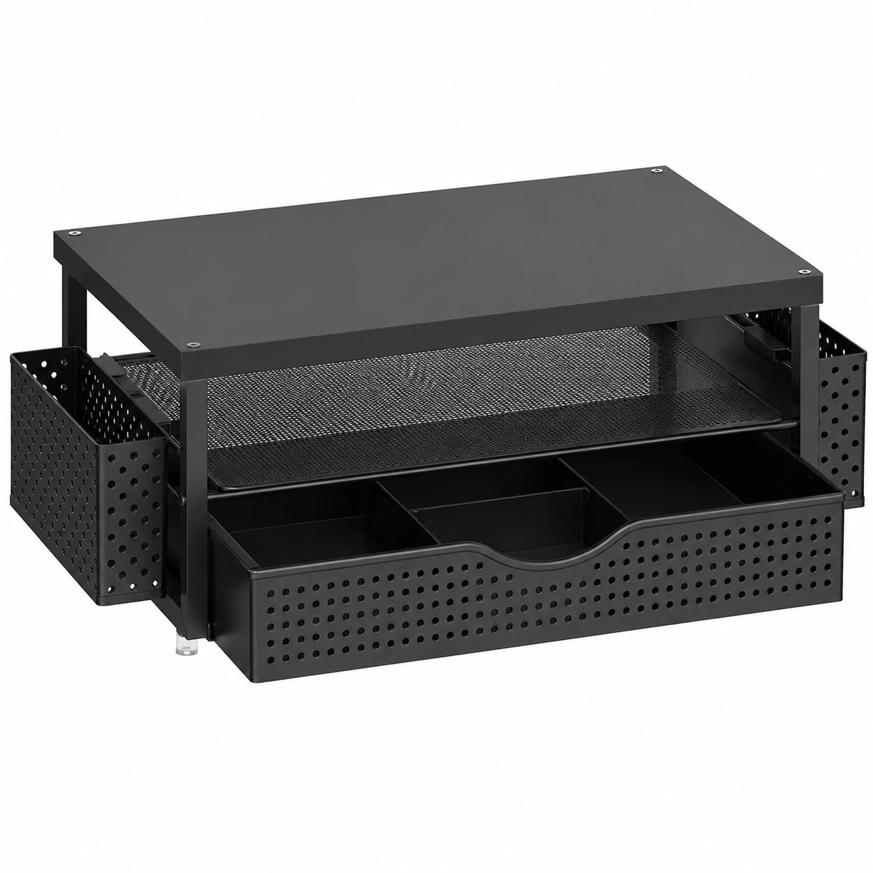 Ergonomischer Monitorständer aus Holz mit Schublade und Stifthalter, 2 Ebenen, Schreibtischorganizer in Schwarz