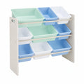Amazon Basics Kinder-Spielzeugregal mit 12 Plastikboxen - Graues Holz mit Blauen Boxen