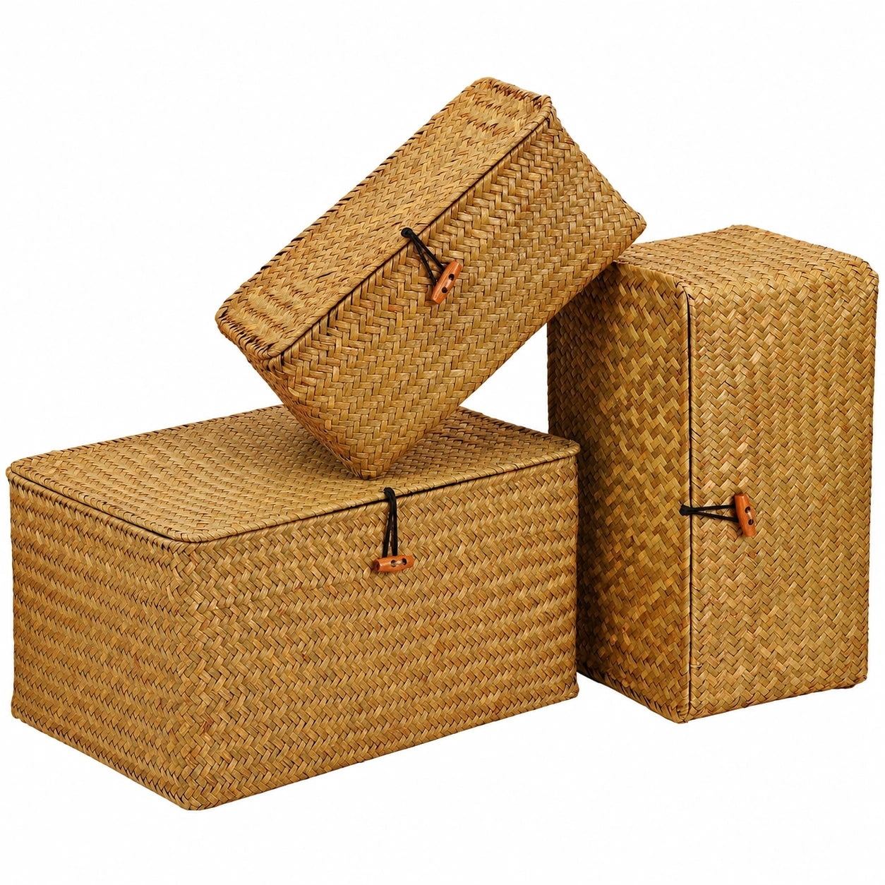 Handgefertigtes Seegras-Korbset mit Deckel, 3-teilig in Orange (S, M, L) - Ideal zur Aufbewahrung und Organisation